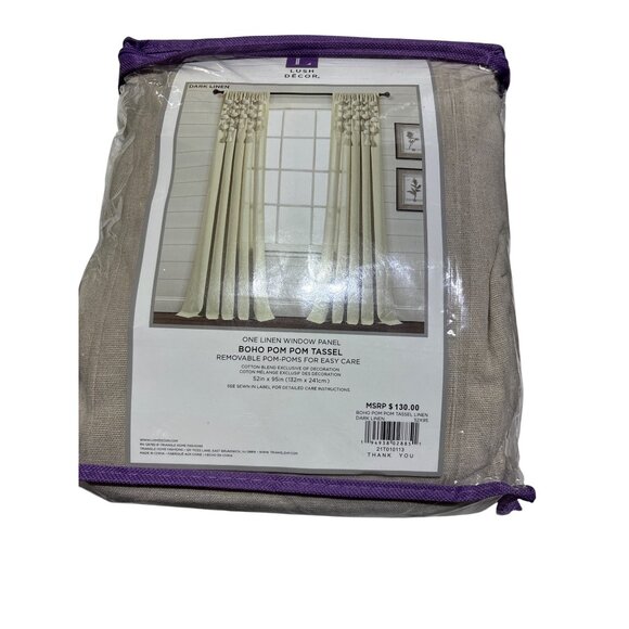 One Linen Window Panel Boho Pom Pom Tassel Dark Linen By Lush Décor Removable Po - Picture 1 of 3